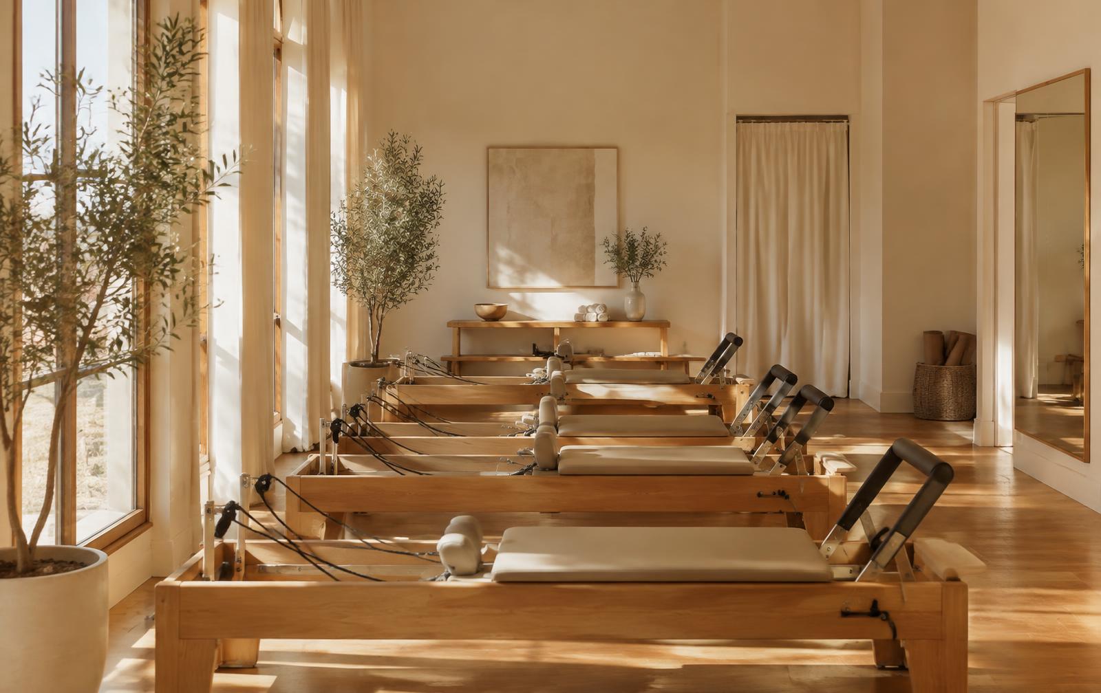 Sunlit Solace studio with light oak reformers and cream walls